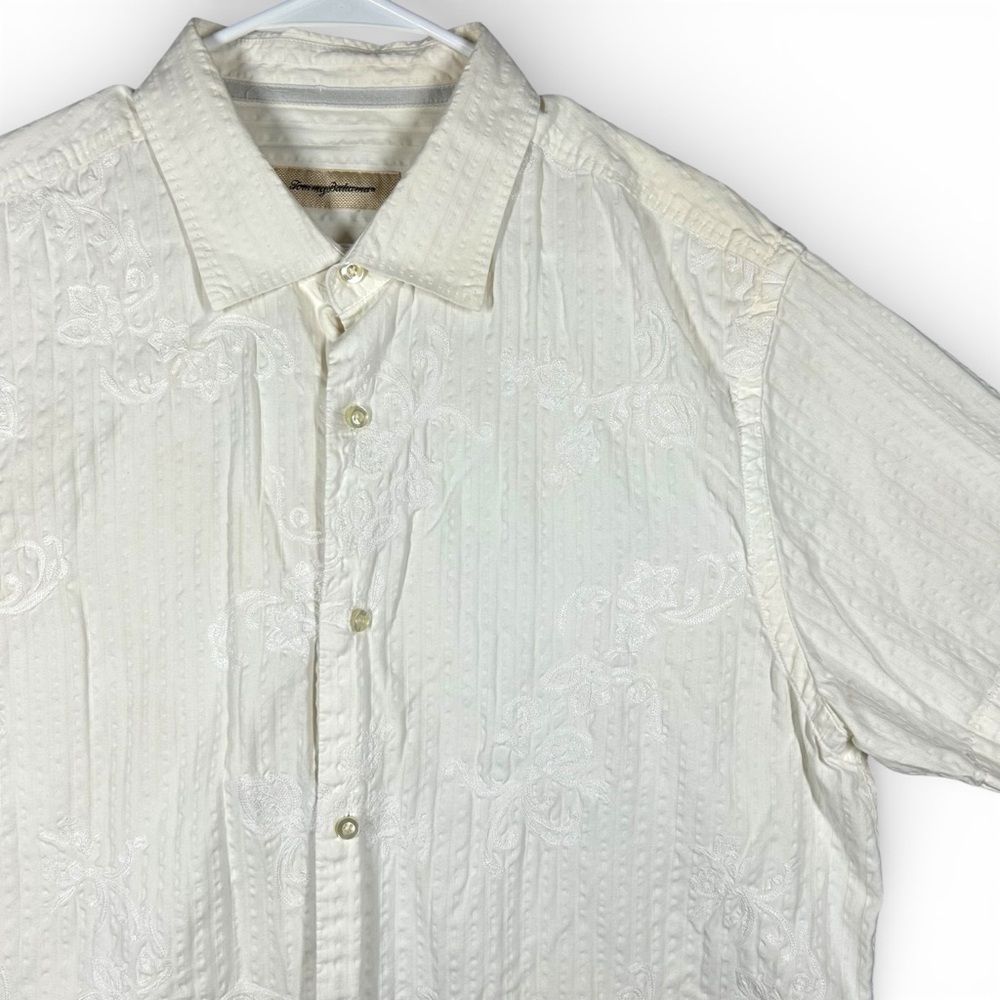 Tommy Bahama Embroidered White Cotton Silk Shirt Men’s XL Short Sleeve Pattern